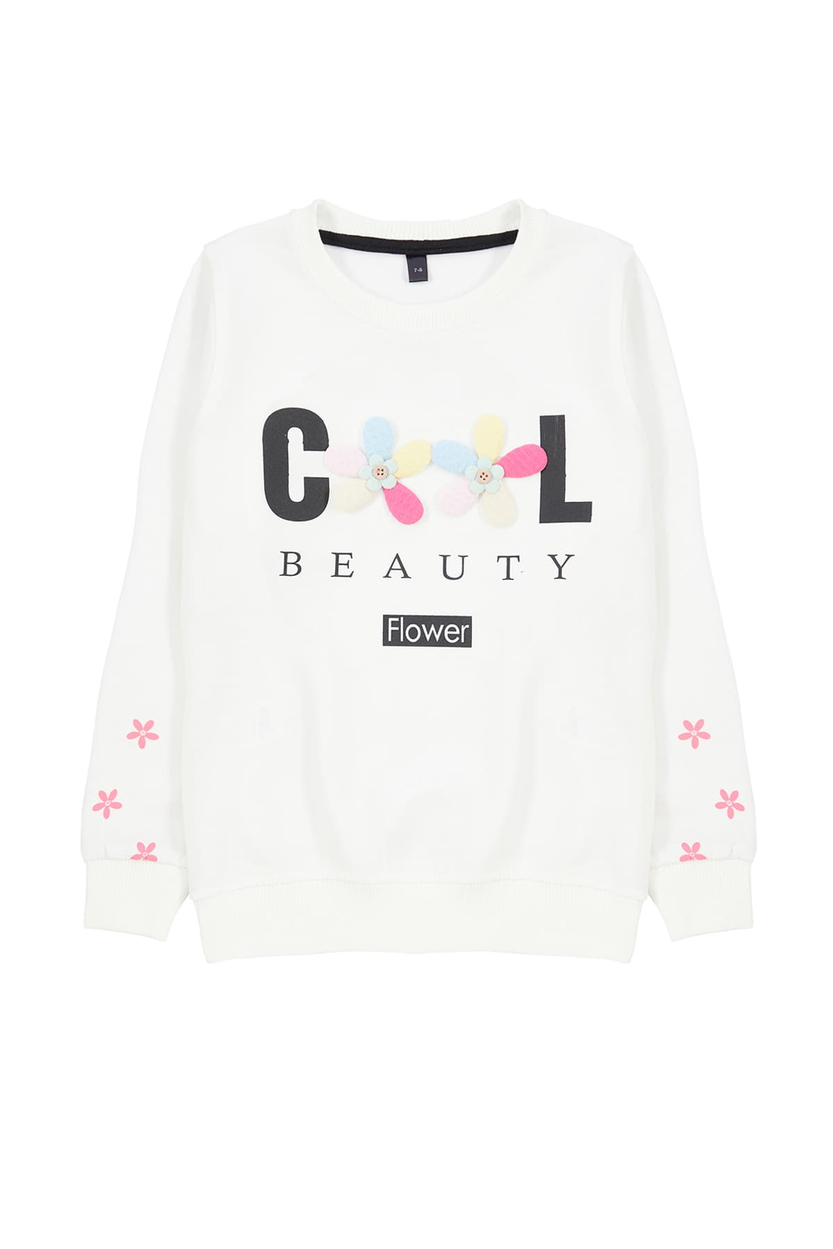 Ekru Kız Çocuk Çiçek/Slogan Nakışlı Bisiklet Yaka Örme Sweatshirt