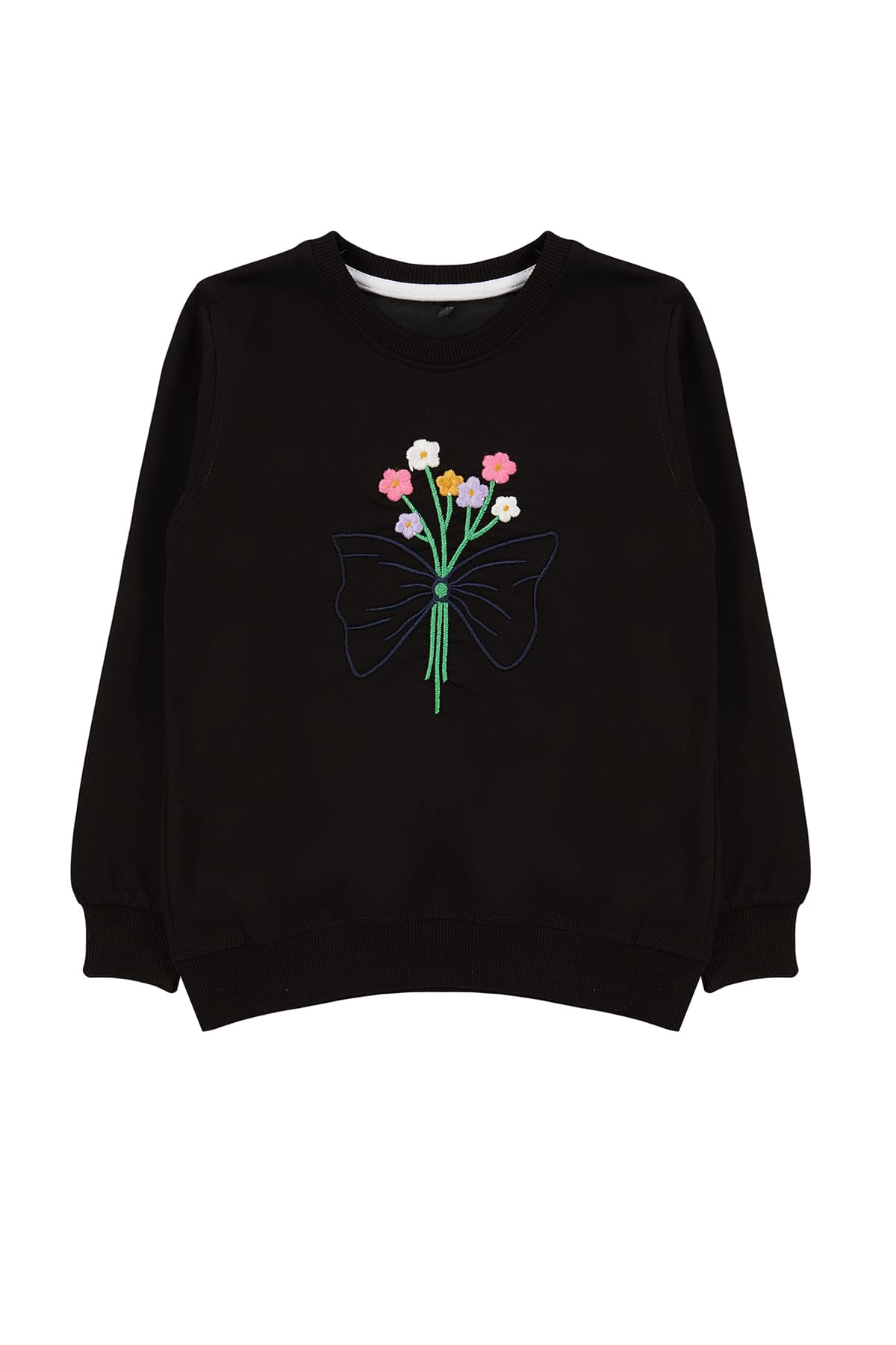 Siyah Kız Çocuk Mevsimlik-İnce Çiçek Nakışlı Örme Sweatshirt
