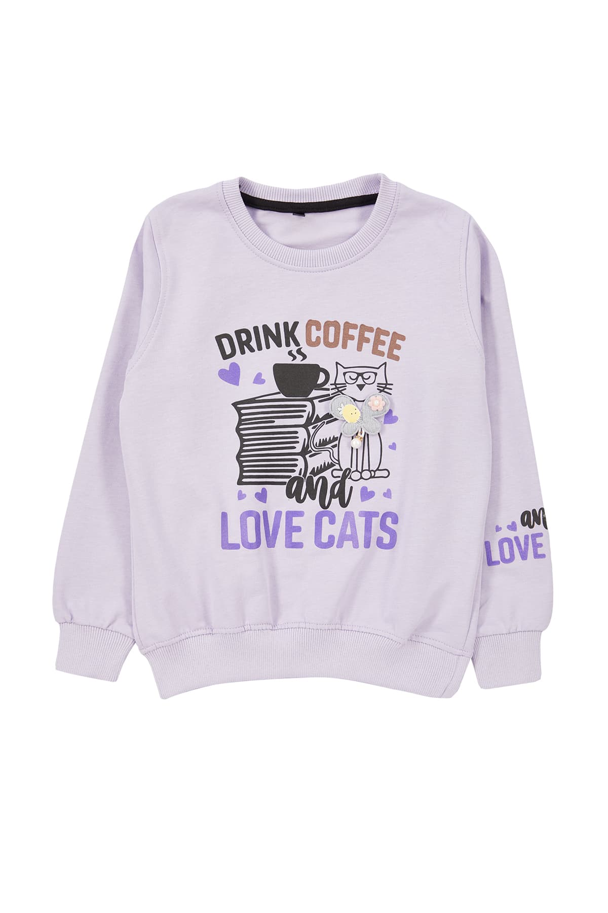 Lila Kız Çocuk Mevsimlik-İnce Kedi Desenli Örme Sweatshirt