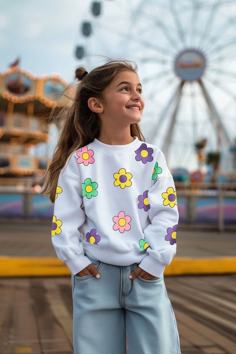 Ekru Kız Çocuk Mevsimlik-İnce Çiçek Desenli Örme Bisiklet Yaka Sweatshirt