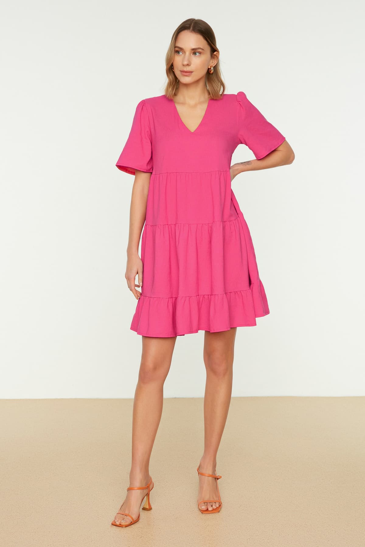 Fuşya Geniş Kesim V Yaka Mini Dokuma Elbise
