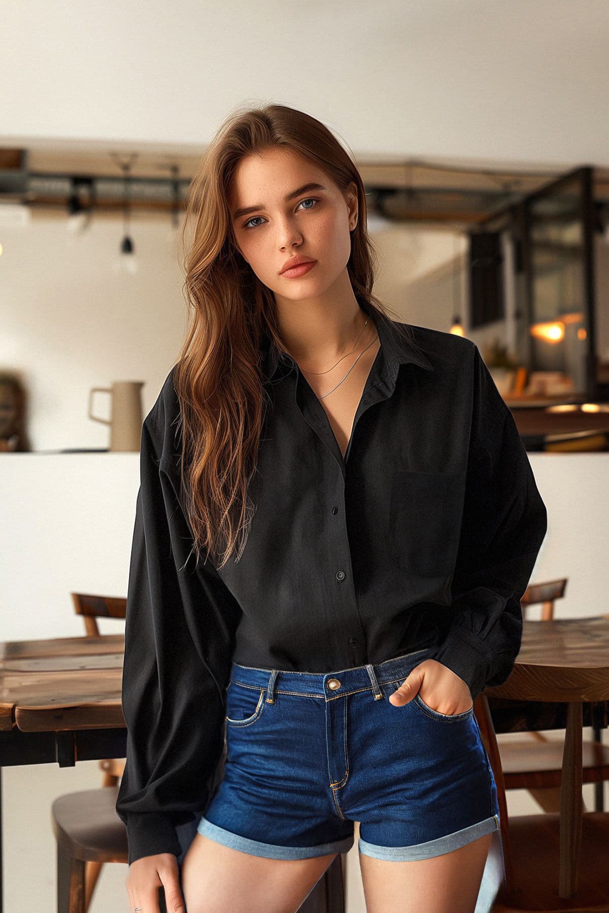 Siyah Tek Cepli Boyfriend/Geniş Kalıp Pamuklu Dokuma Gömlek