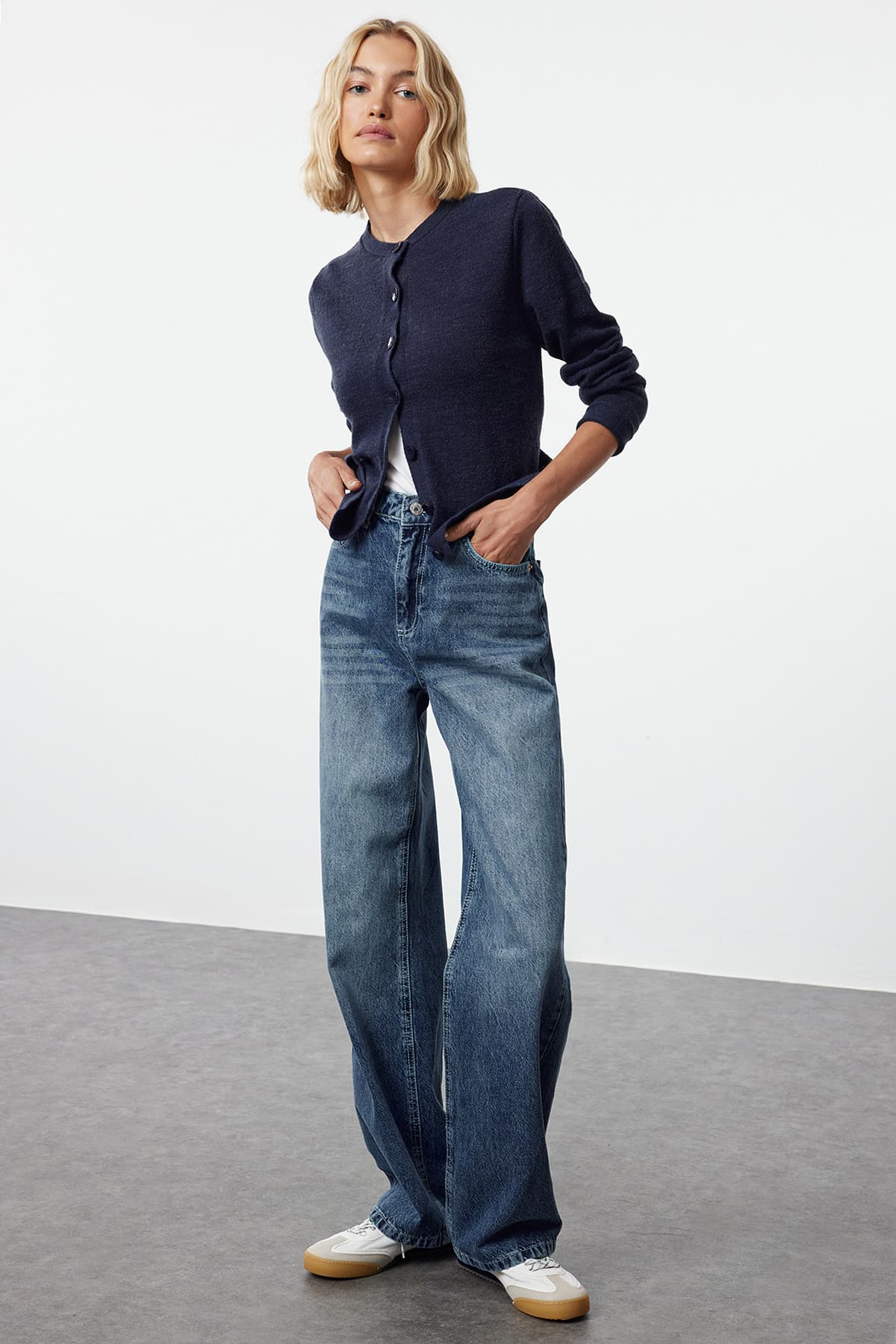 Lacivert Yüksek Bel Wide Leg Jeans