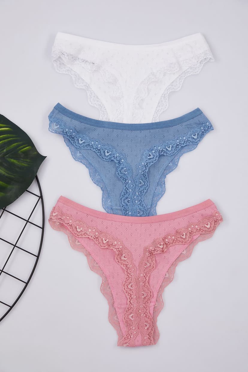 Pembe-Çok Renkli 3'lü Paket Pamuklu Tanga Örme Külot