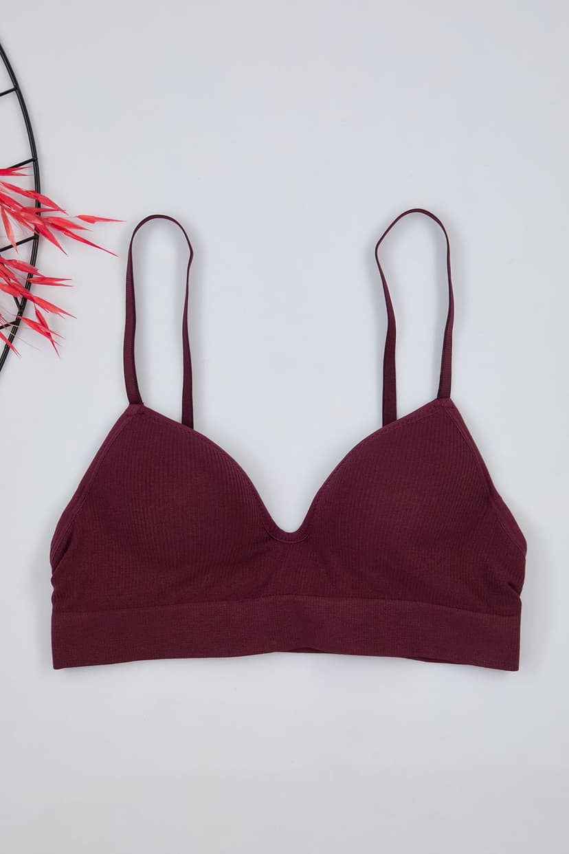 Koyu Vişne Seamless/Dikişsiz İp Askılı Dolgusuz Balensiz Kaplı Bralette Örme Sütyen