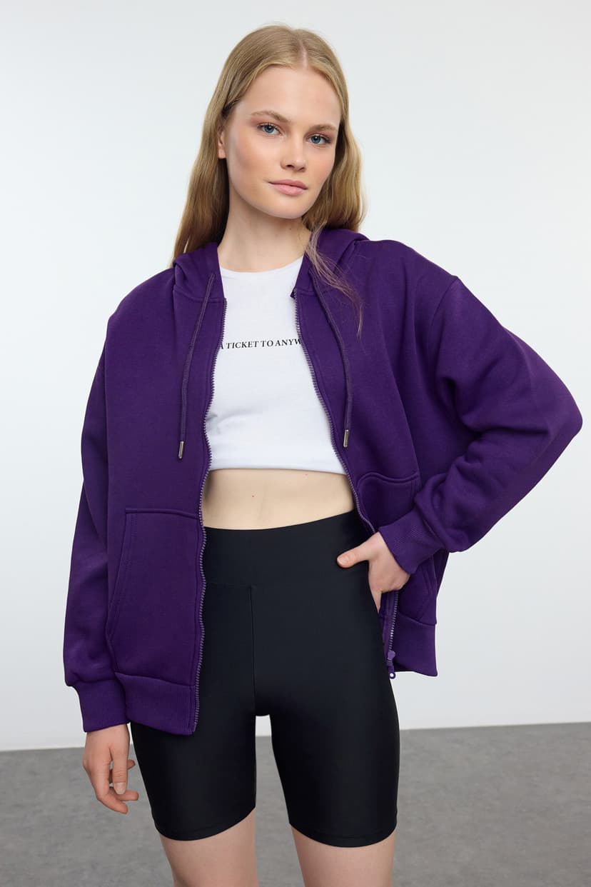 Mor Kapüşonlu Oversize/Geniş Kalıp Fermuarlı Kapuşonlu Kalın İçi Polarlı Sweatshirt