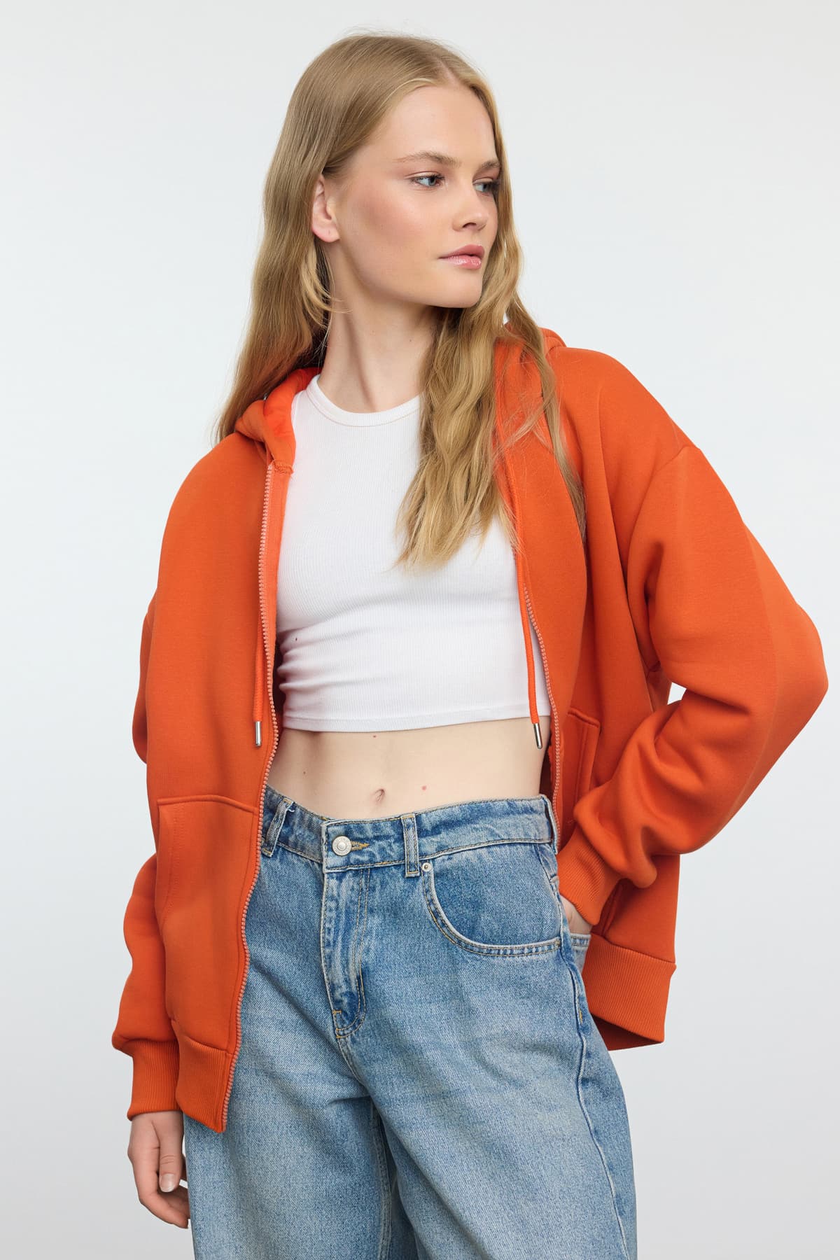 Kiremit Kapüşonlu Oversize/Geniş Kalıp Fermuarlı İçi Polarlı Örme Sweatshirt