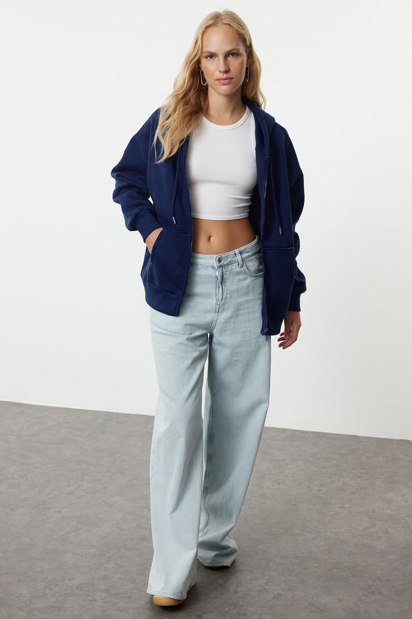 Koyu Lacivert Oversize/Rahat Kesim Fermuarlı Kalın İçi Polarlı Örme Sweatshirt