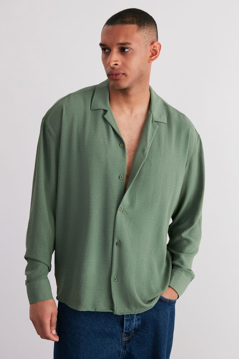 Haki Oversize Fit Apaş Yaka Yazlık Keten Görünümlü Gömlek