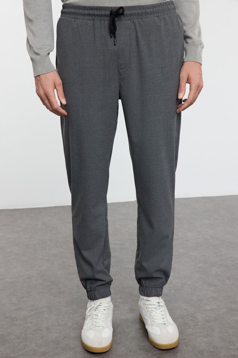 Gri Slim Fit Jogger Beli Bağlamalı Lastikli Kumaş Pantolon