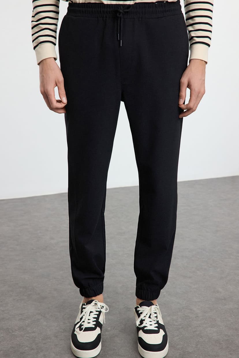 Siyah Slim Fit Jogger Beli Bağlamalı Lastikli Kumaş Pantolon