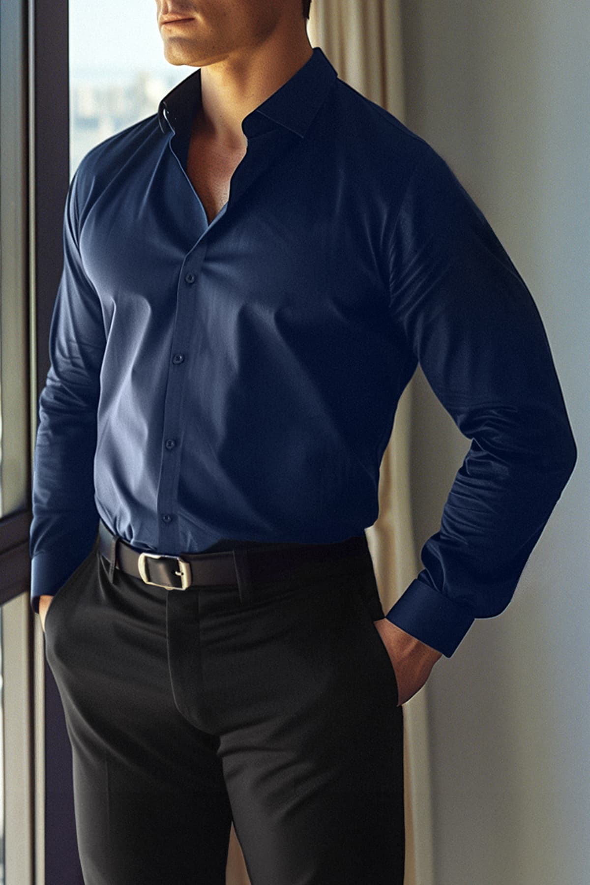 Lacivert Slim Fit Kolay Ütülenebilir Smart Erkek Gömlek