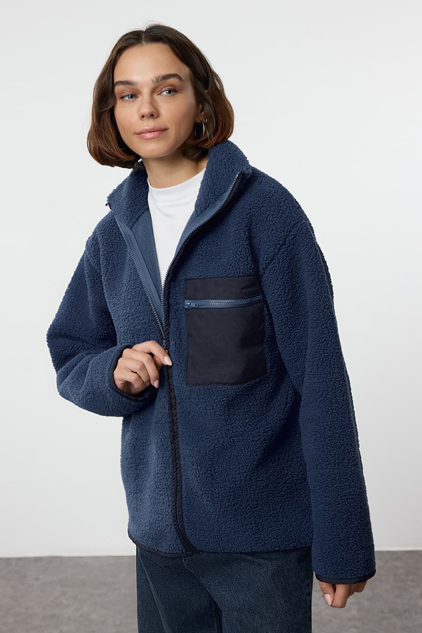 Winter Essentials Indigo Kalın Polar Fermuarlı Dik Yaka Cepli Örme Sweatshirt