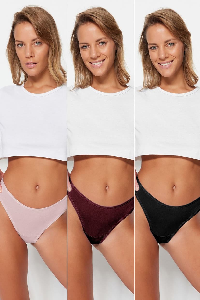 Bordo-Çok Renkli 3'lü Paket Pamuklu Tanga Örme Külot