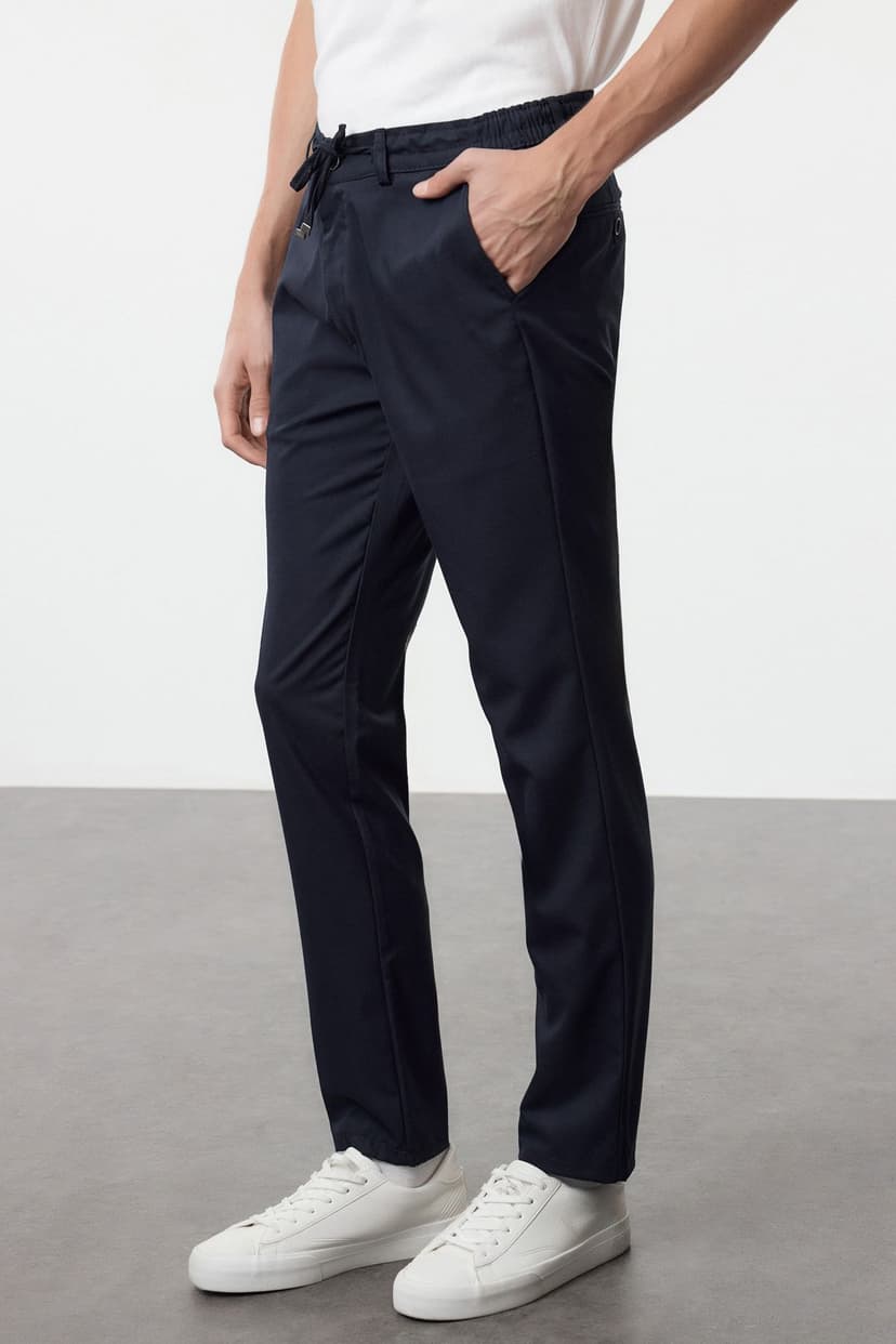 Lacivert Slim Fit Beli Bağlama Detaylı Lastikli Kumaş Dokuma Pantolon