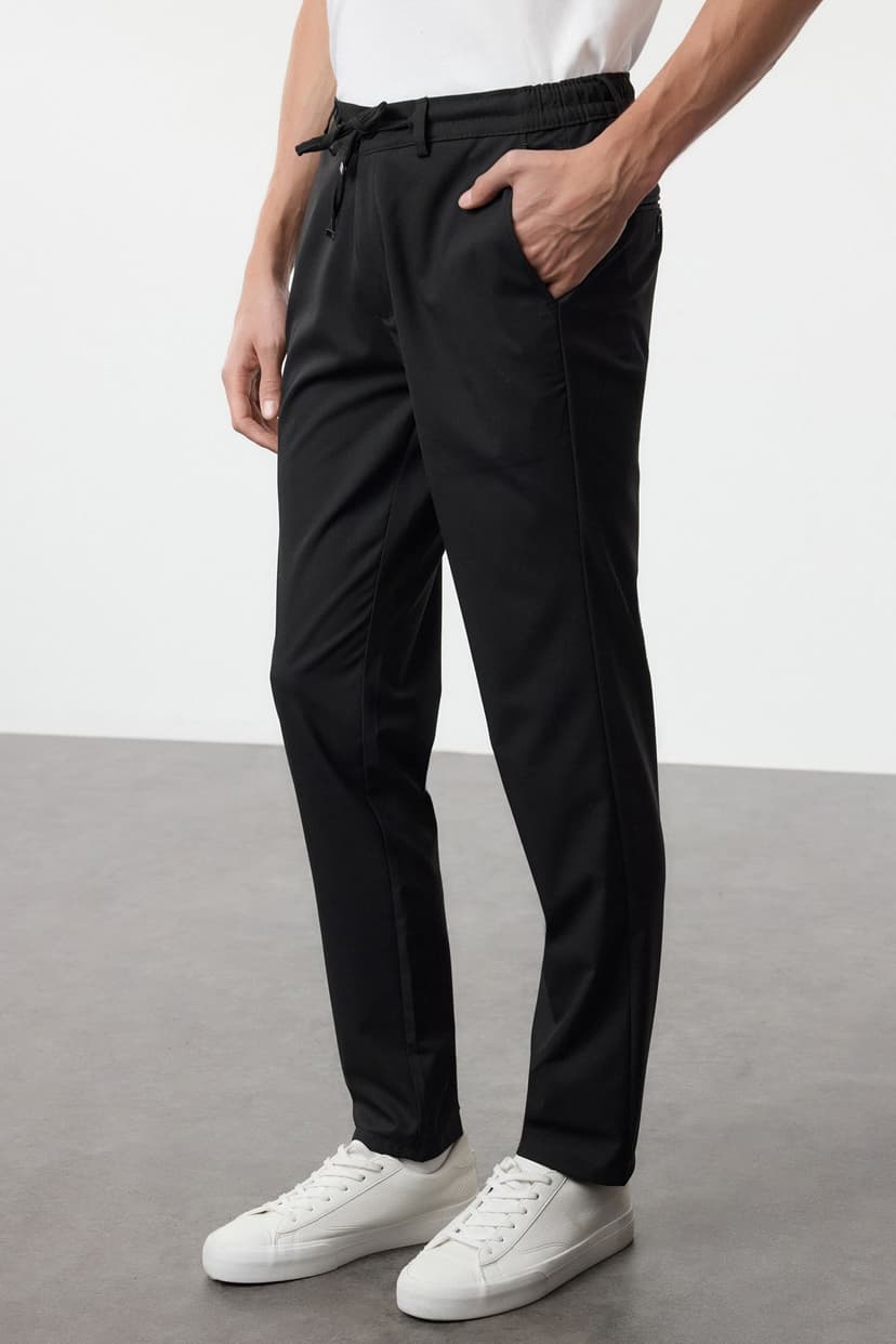 Siyah Slim Fit Beli Bağlama Detaylı Lastikli Kumaş Dokuma Pantolon