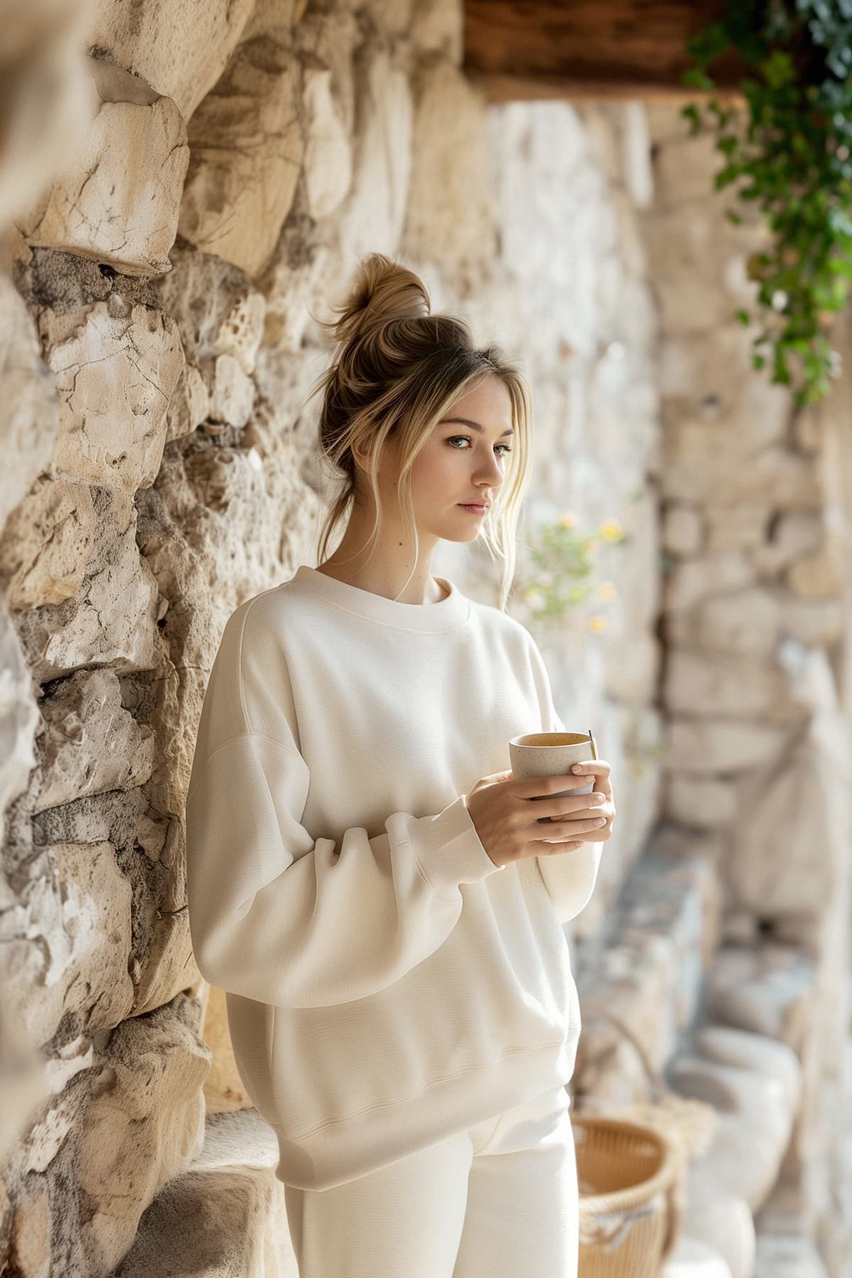 Taş Oversize/Rahat Kesim Basic Bisiklet Yaka Kalın/İçi polarlı Örme Sweatshirt