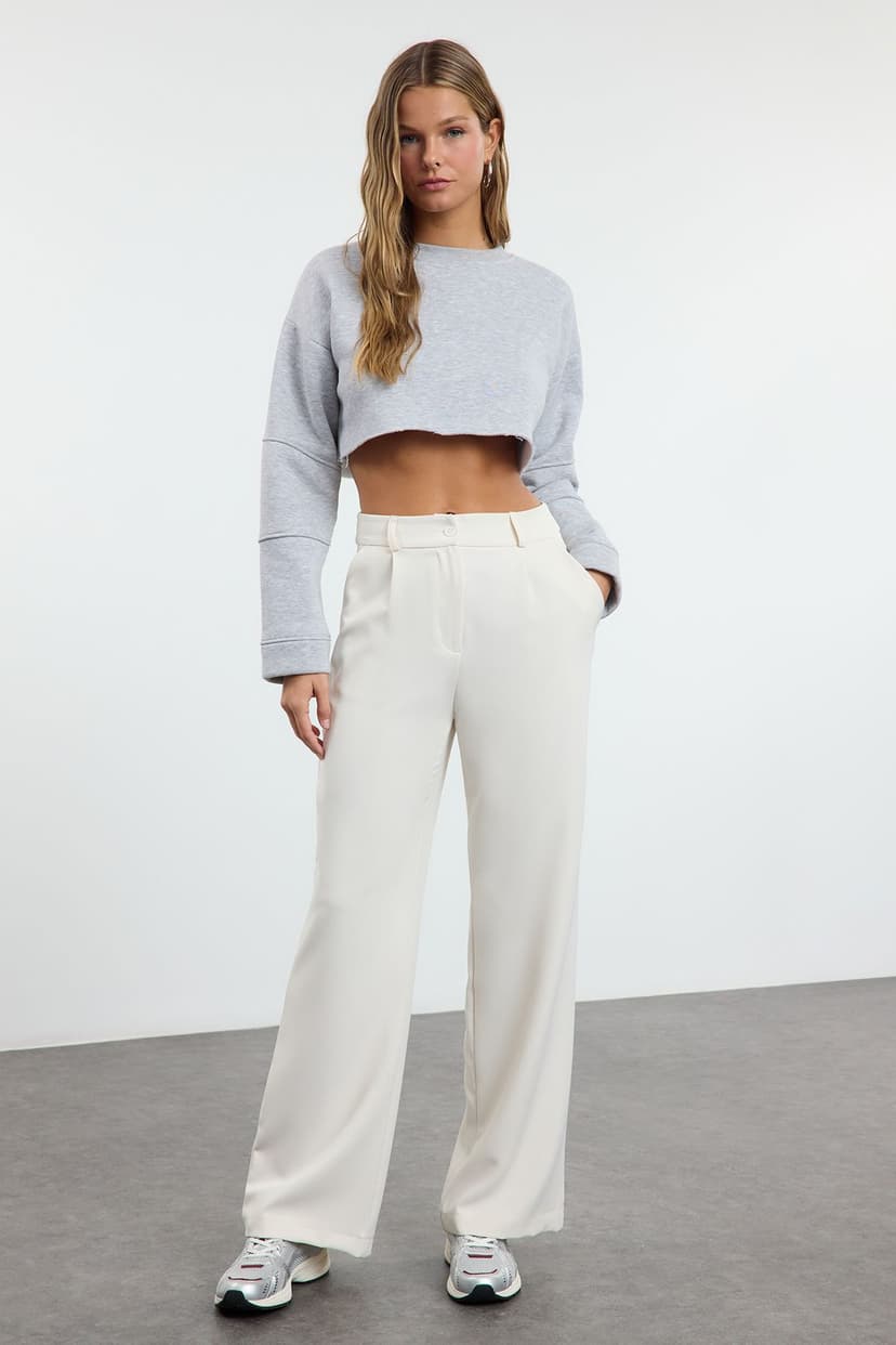 Ekru Yüksek Bel Wide Leg/Geniş Paça Pilili Dokuma Kumaş Pantolon