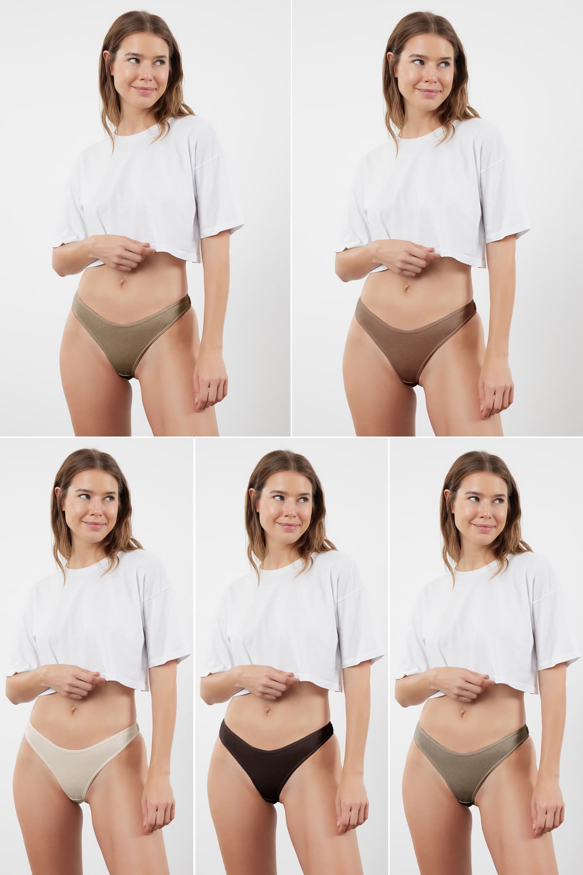 Kahverengi-Çok Renkli 5'li Paket Fitilli Tanga Örme Külot