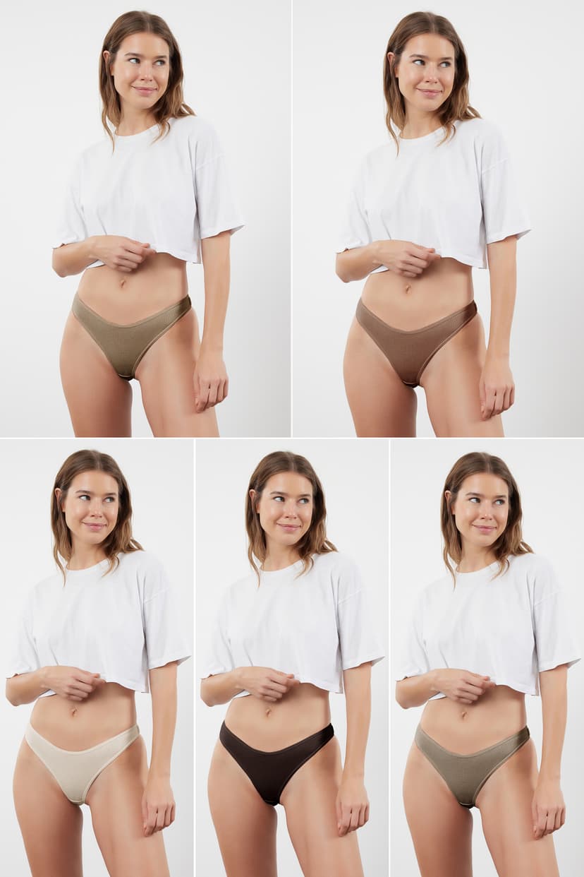 Kahverengi-Çok Renkli 5'li Paket Fitilli Tanga Örme Külot