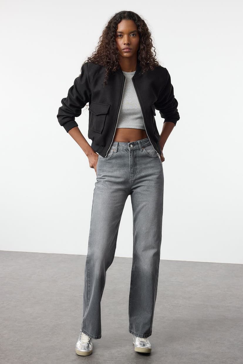 Gri Yüksek Bel Wide Leg Jeans