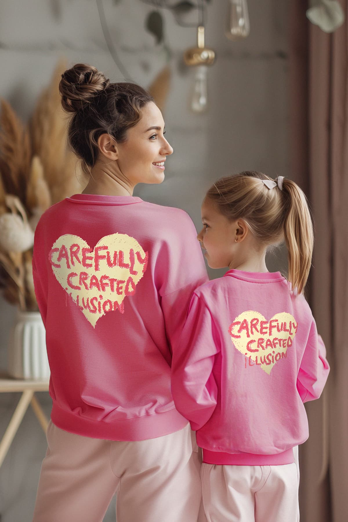 Pembe Kız Çocuk Anne-Kız Sırt Baskılı Örme Mini Me Sweatshirt