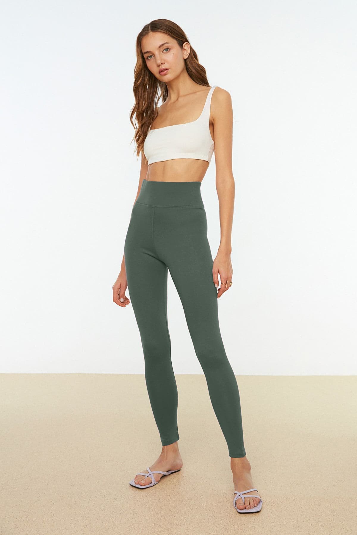 Koyu Yeşil Yüksek Bel Basic Beli Lastikli İnterlok Örme Tayt