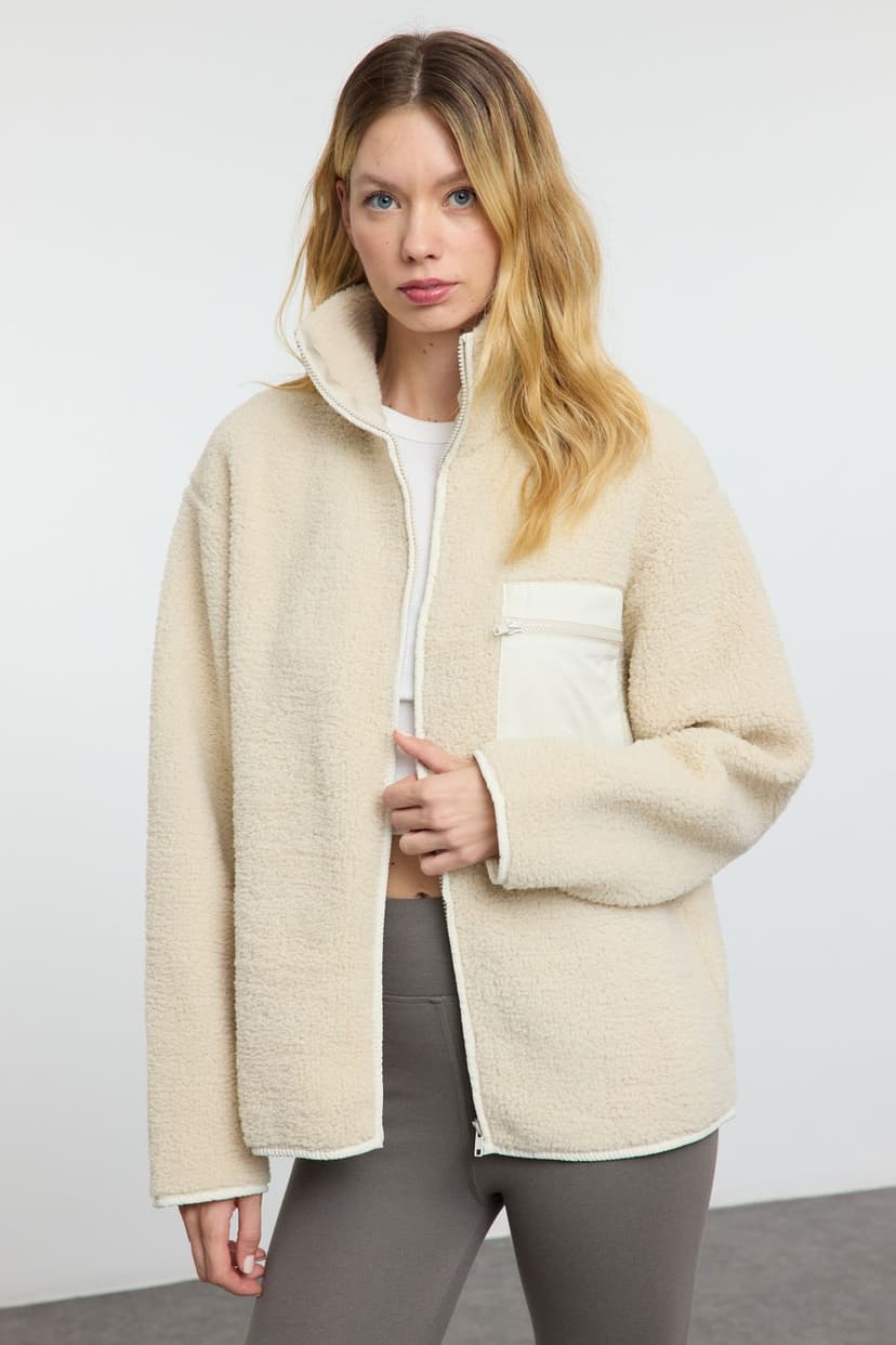Winter Essentials Taş Kalın Polar Fermuarlı Dik Yaka Cepli Örme Sweatshirt