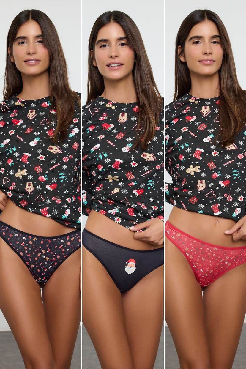 Kırmızı 3'lü Paket Pamuklu Yılbaşı Tanga Örme Külot