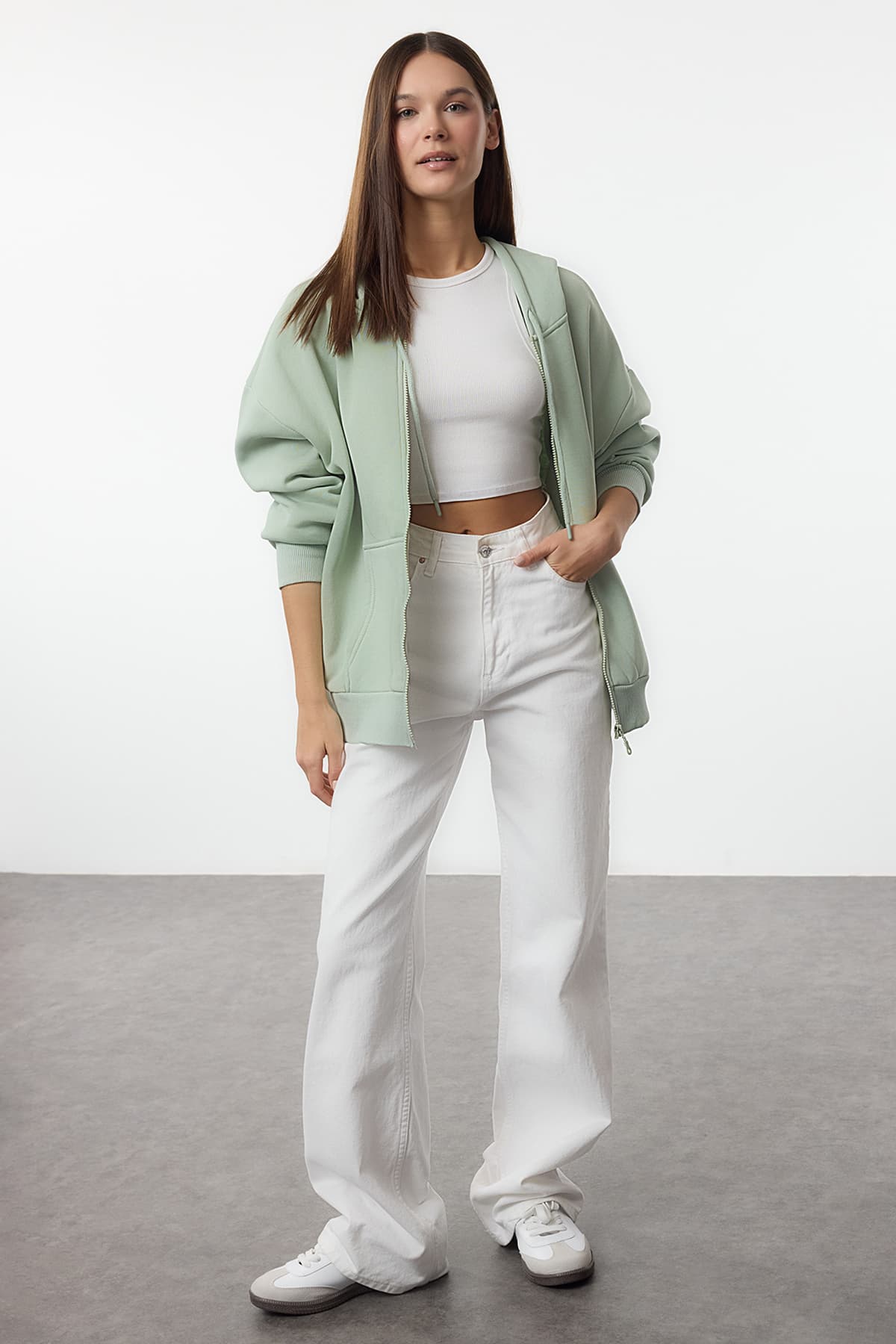 Mint Oversize/Rahat Kesim Fermuarlı Kalın İçi Polarlı Örme Sweatshirt