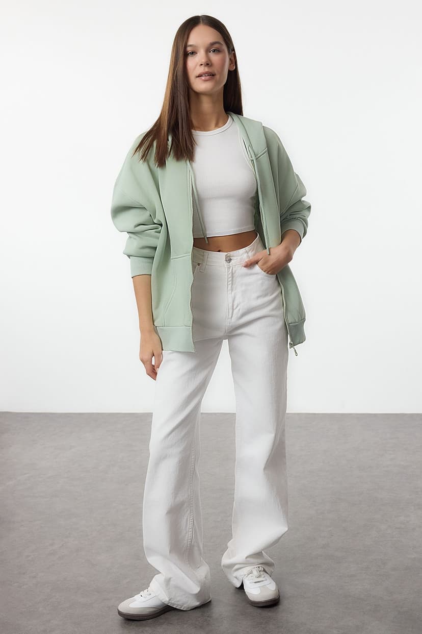 Mint Oversize/Rahat Kesim Fermuarlı Kalın İçi Polarlı Örme Sweatshirt