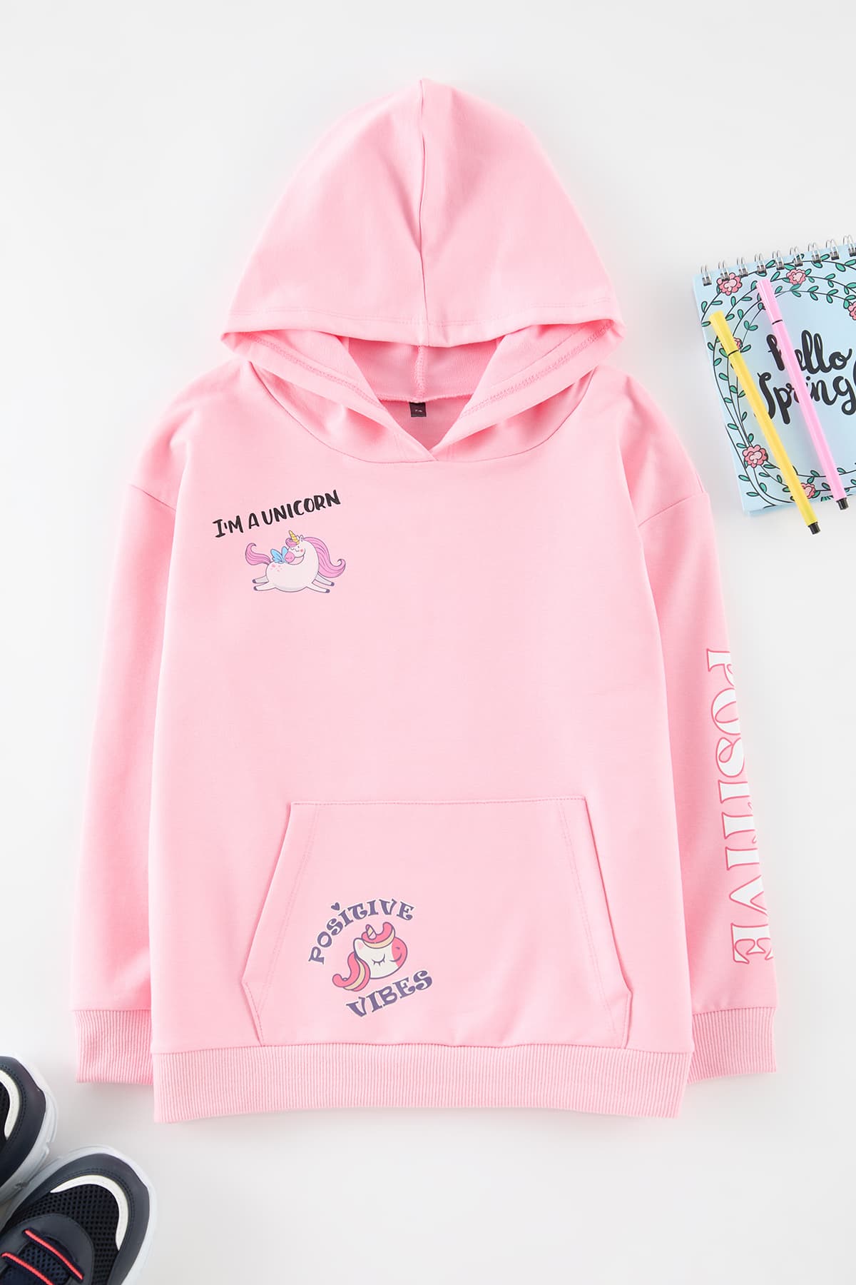 Açık Pembe Kapüşonlu Mevsimlik Kol Baskılı Kız Çocuk Düz Örme Sweatshirt