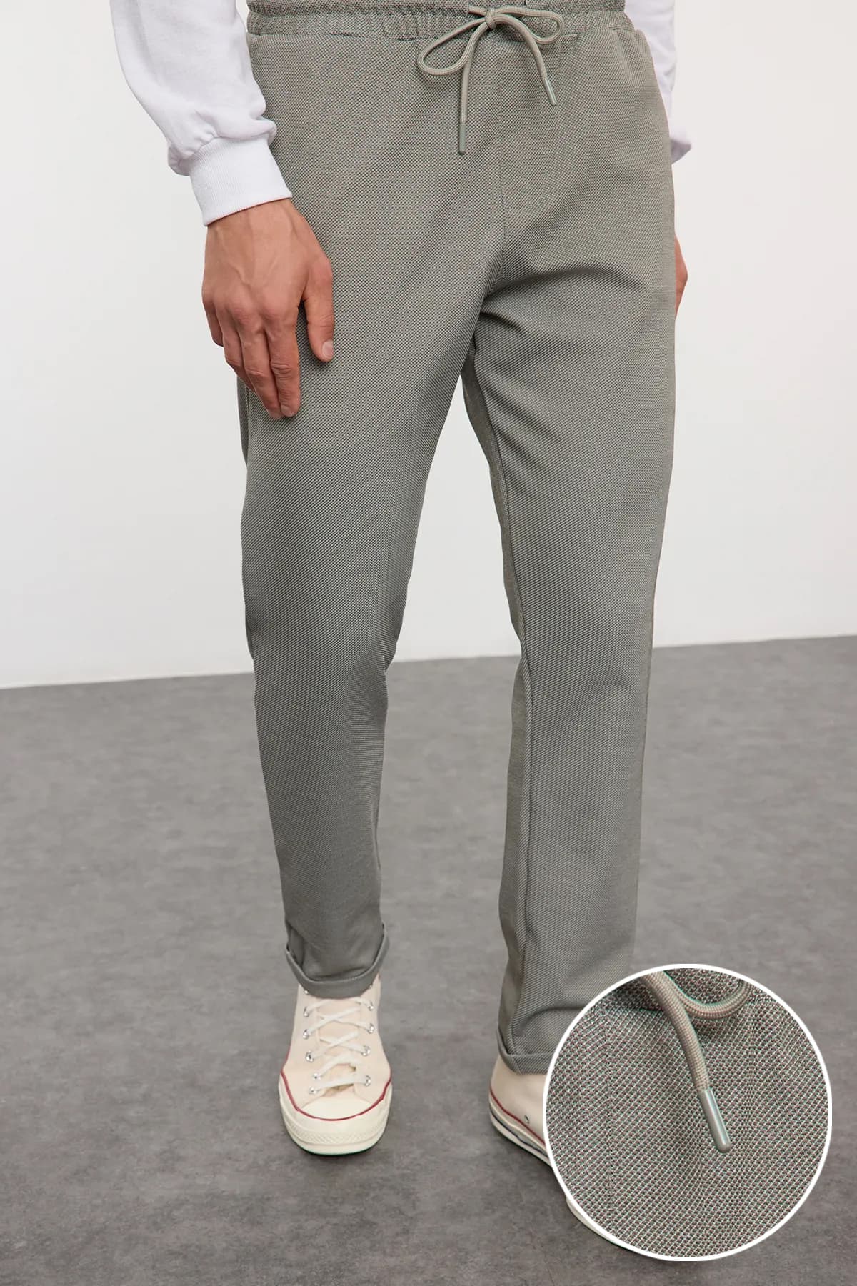 Haki Regular Fit Örme Esnek Rahat Beli Bağlamalı Lastikli Duble Paça Kumaş Pantolon