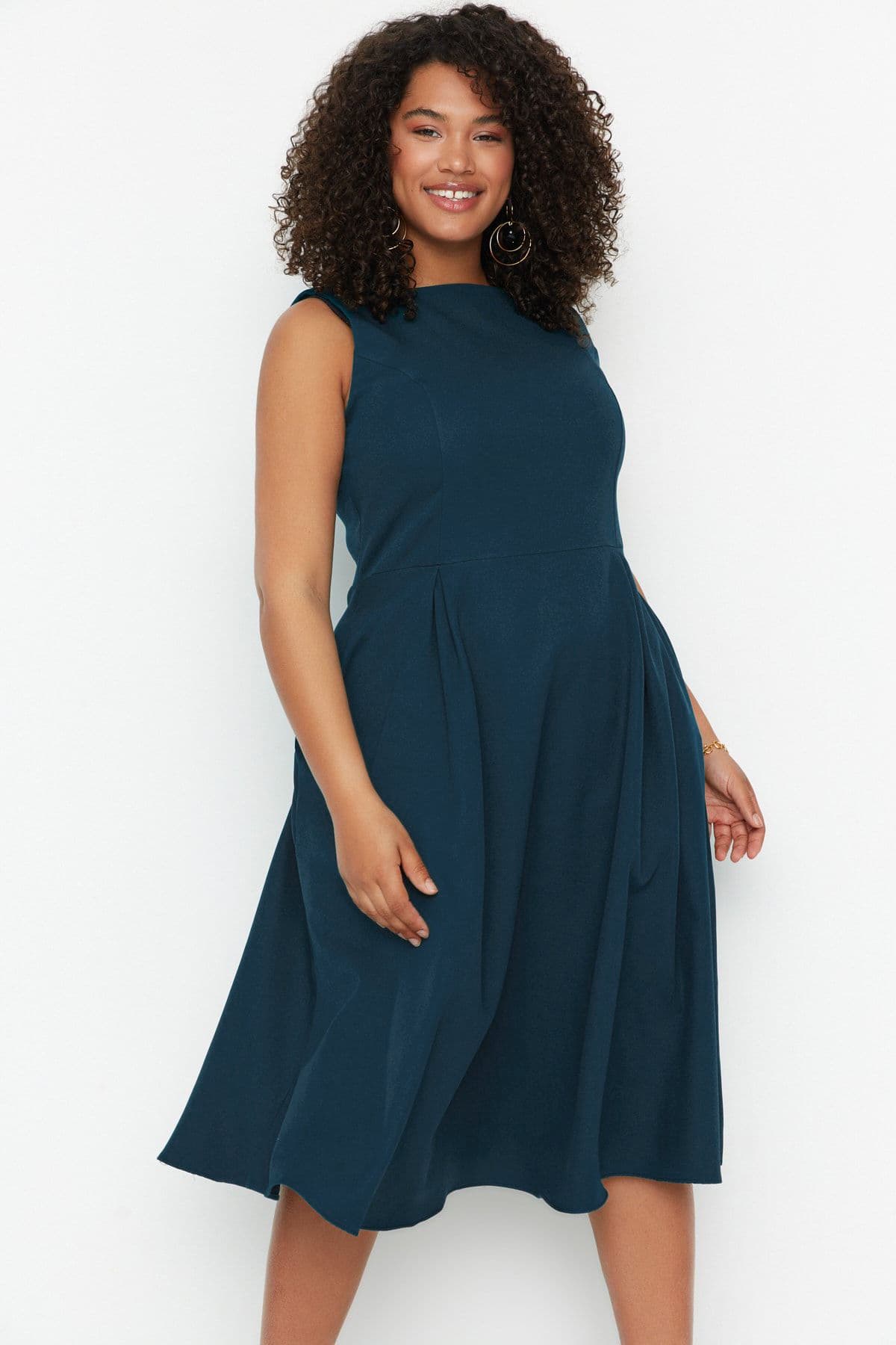 Petrol A-Line Dokuma Cep Detaylı Elbise