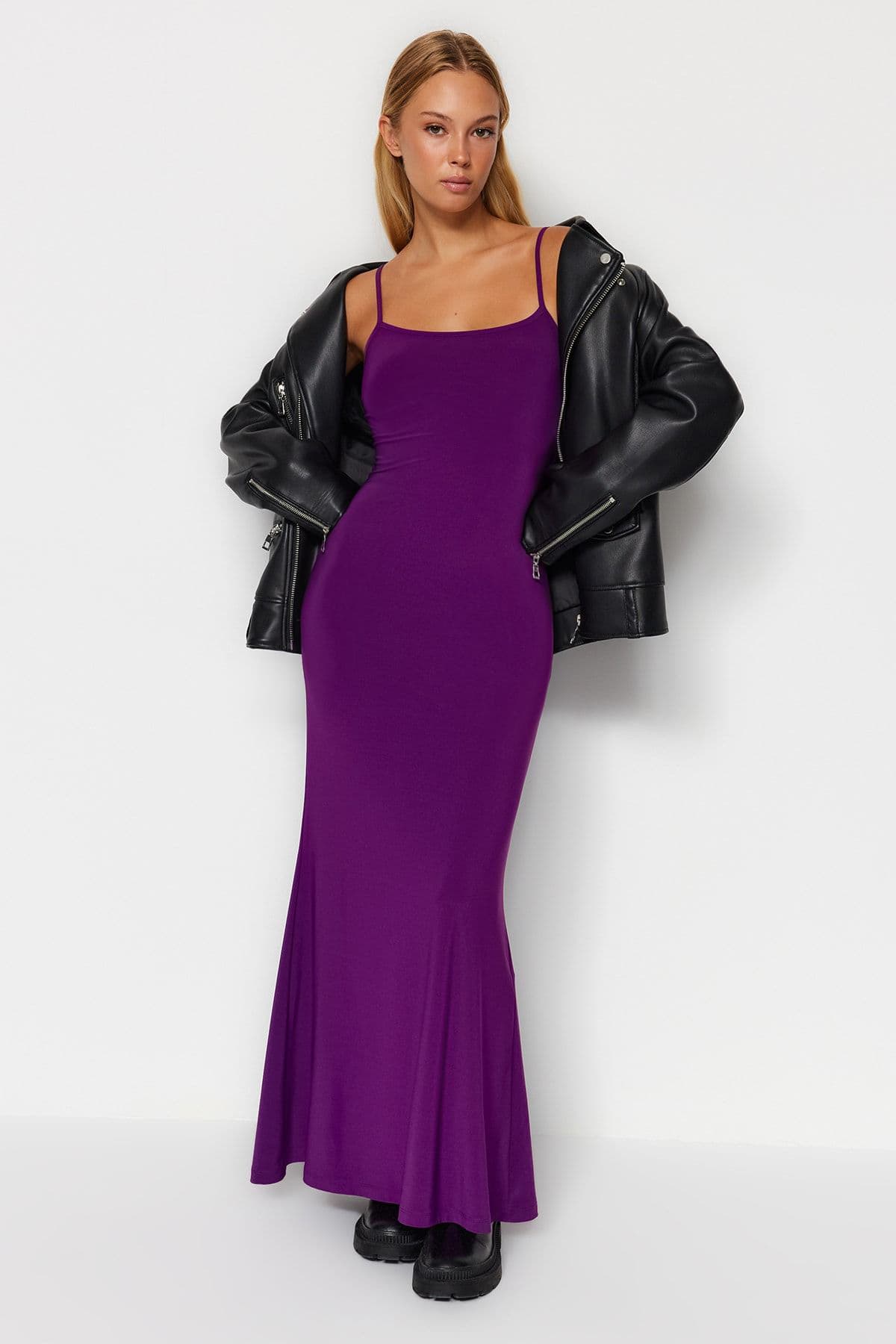 Mor Fitted/Vücuda Oturan Askılı Maxi Esnek Örme Kalem Elbise