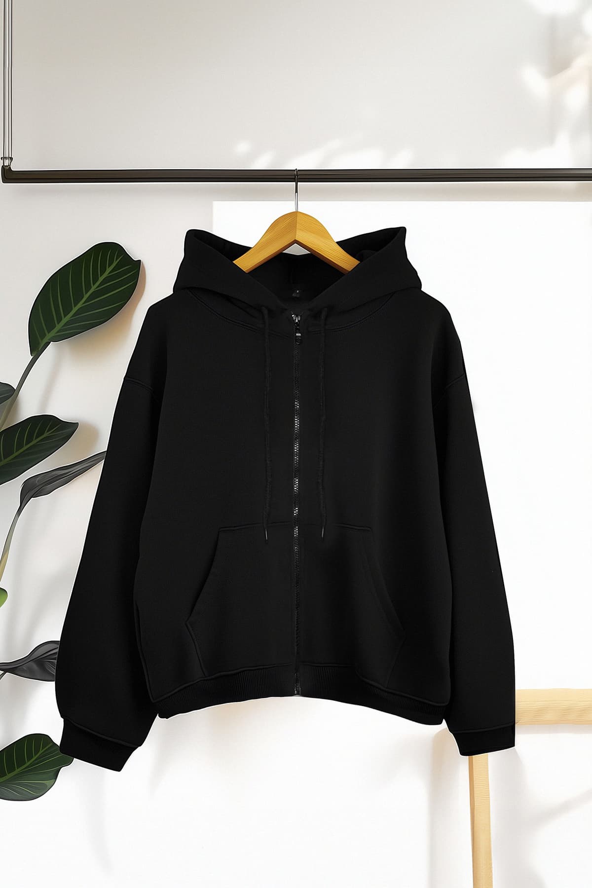 Siyah Oversize/Rahat Kesim Basic Kapuşonlu Kalın İçi Polarlı Örme Sweatshirt