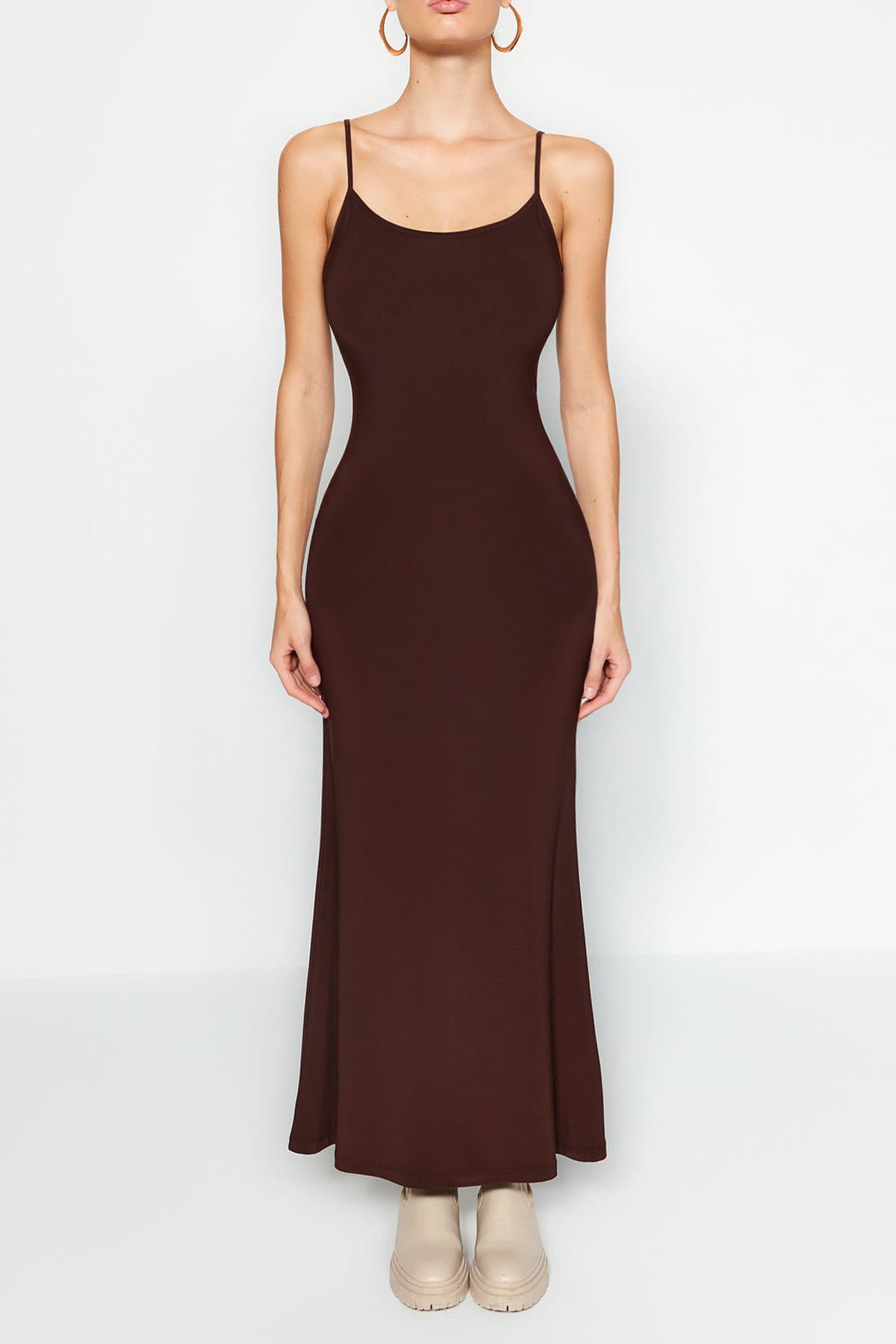 Kahverengi Fitted/Vücuda Oturan Askılı Maxi Esnek Örme Kalem Elbise