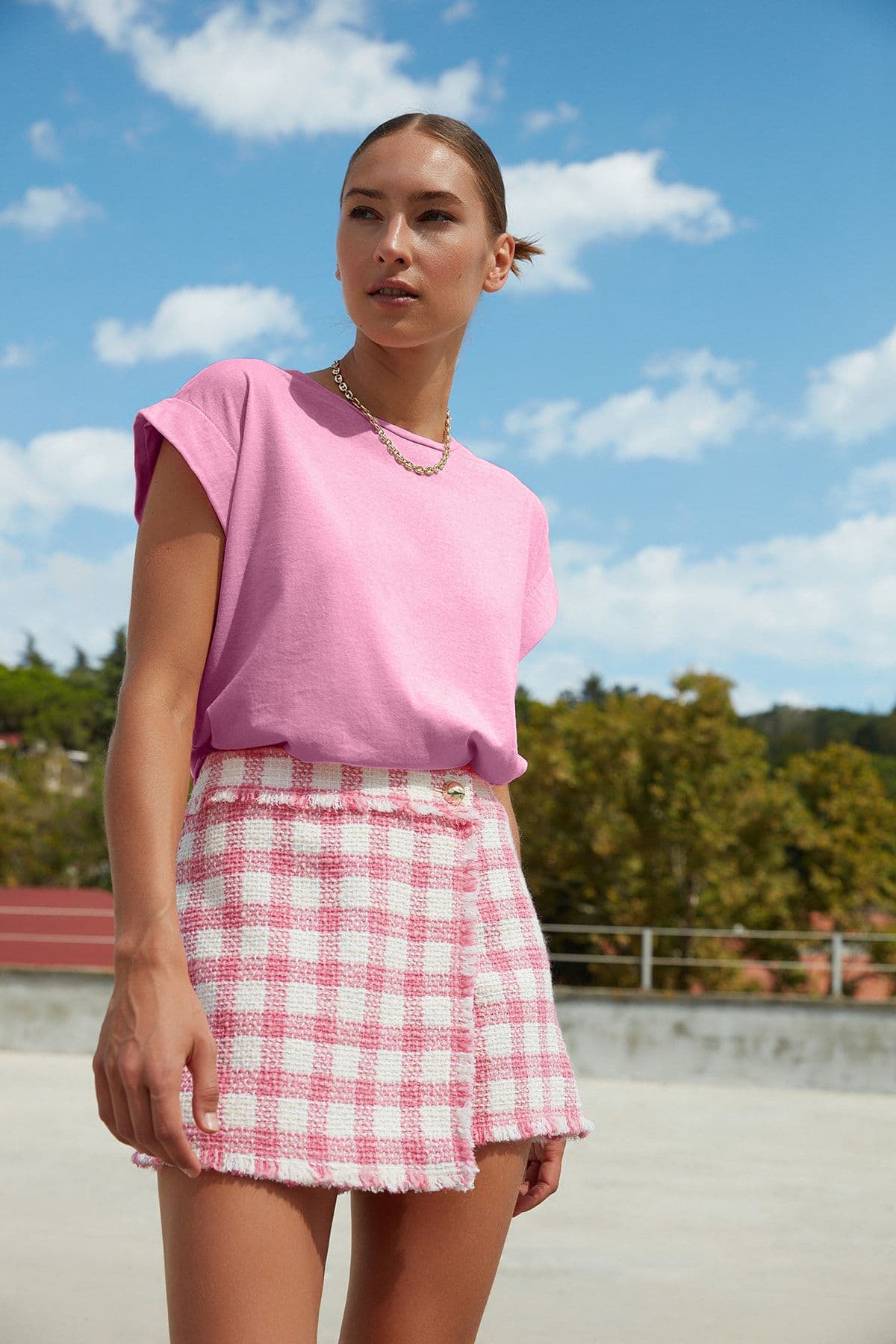 Pembe %100 Pamuk Vatka Görünümlü Basic Bisiklet Yaka Örme T-Shirt