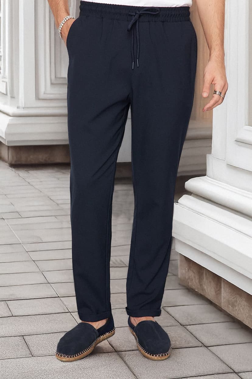 Lacivert Beli Lastikli Slim Fit Duble Paça Kumaş Pantolon
