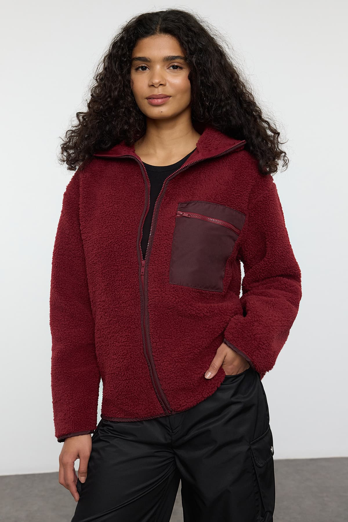 Winter Essentials Bordo Kalın Polar Fermuarlı Dik Yaka Cepli Örme Sweatshirt