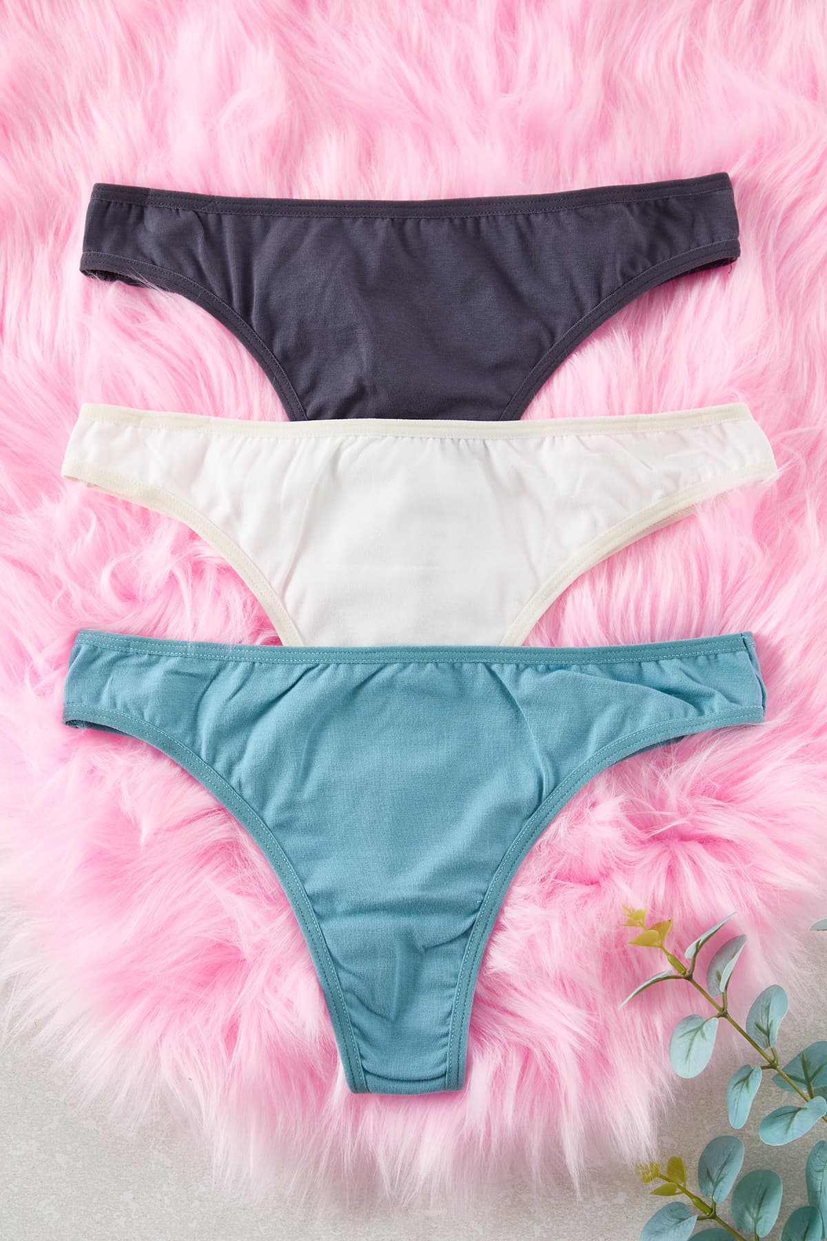 Mavi-Indigo-Ekru 3'lü Paket Pamuklu Tanga Örme Külot