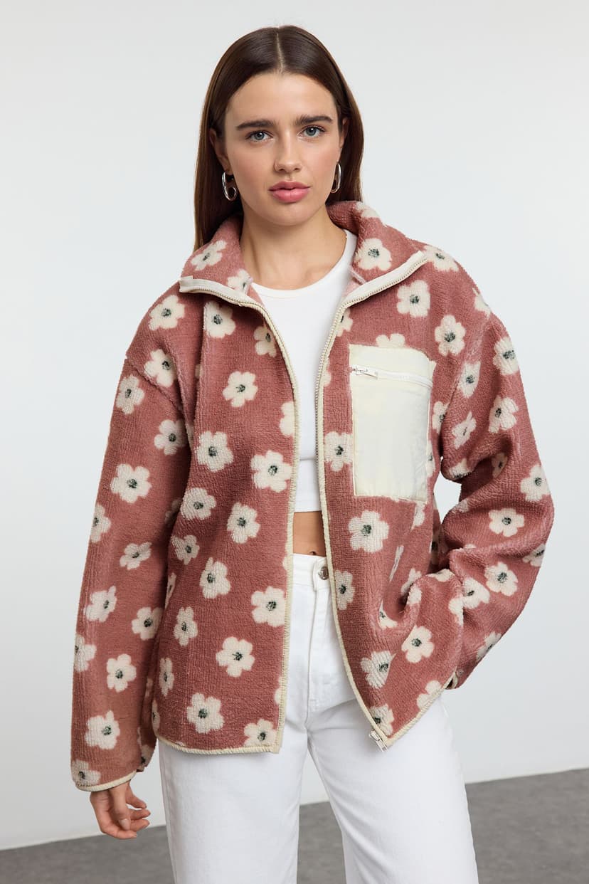 Winter Essentials Çiçek Baskılı Kalın Polar Fermuarlı Dik Yaka Cepli Örme Sweatshirt