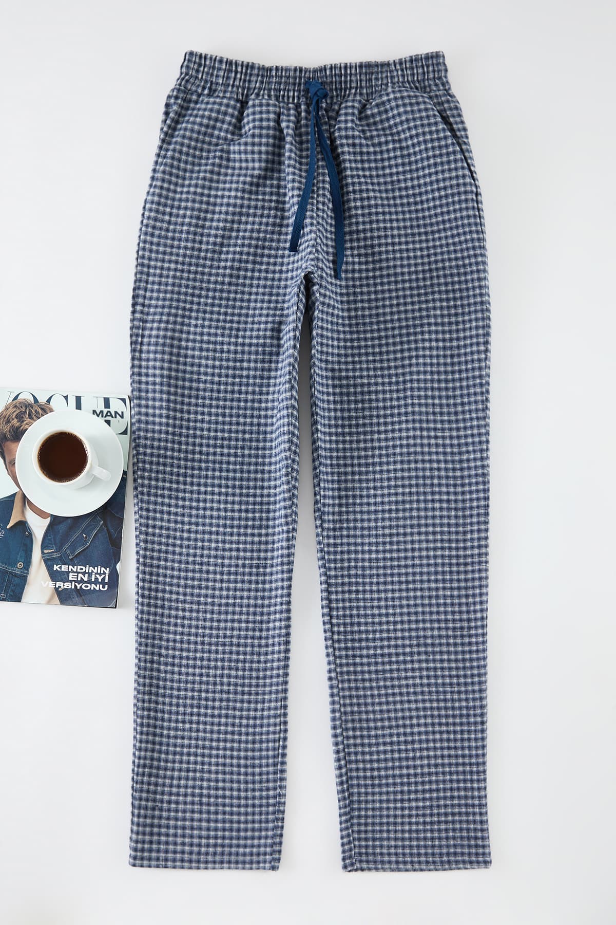 Mavi Ekoseli Regular Fit Dokuma Unisex Pijama Altı Eşofman