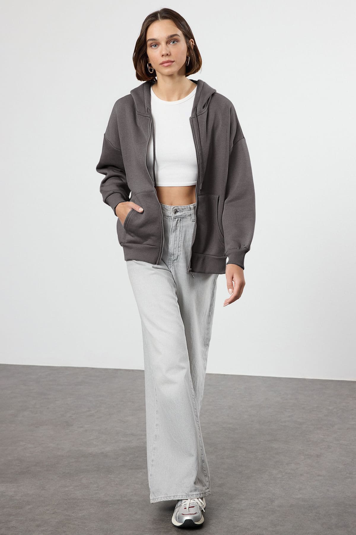 Antrasit Oversize/Rahat Kesim Basic Kapuşonlu Fermuarlı Kalın İçi Polarl