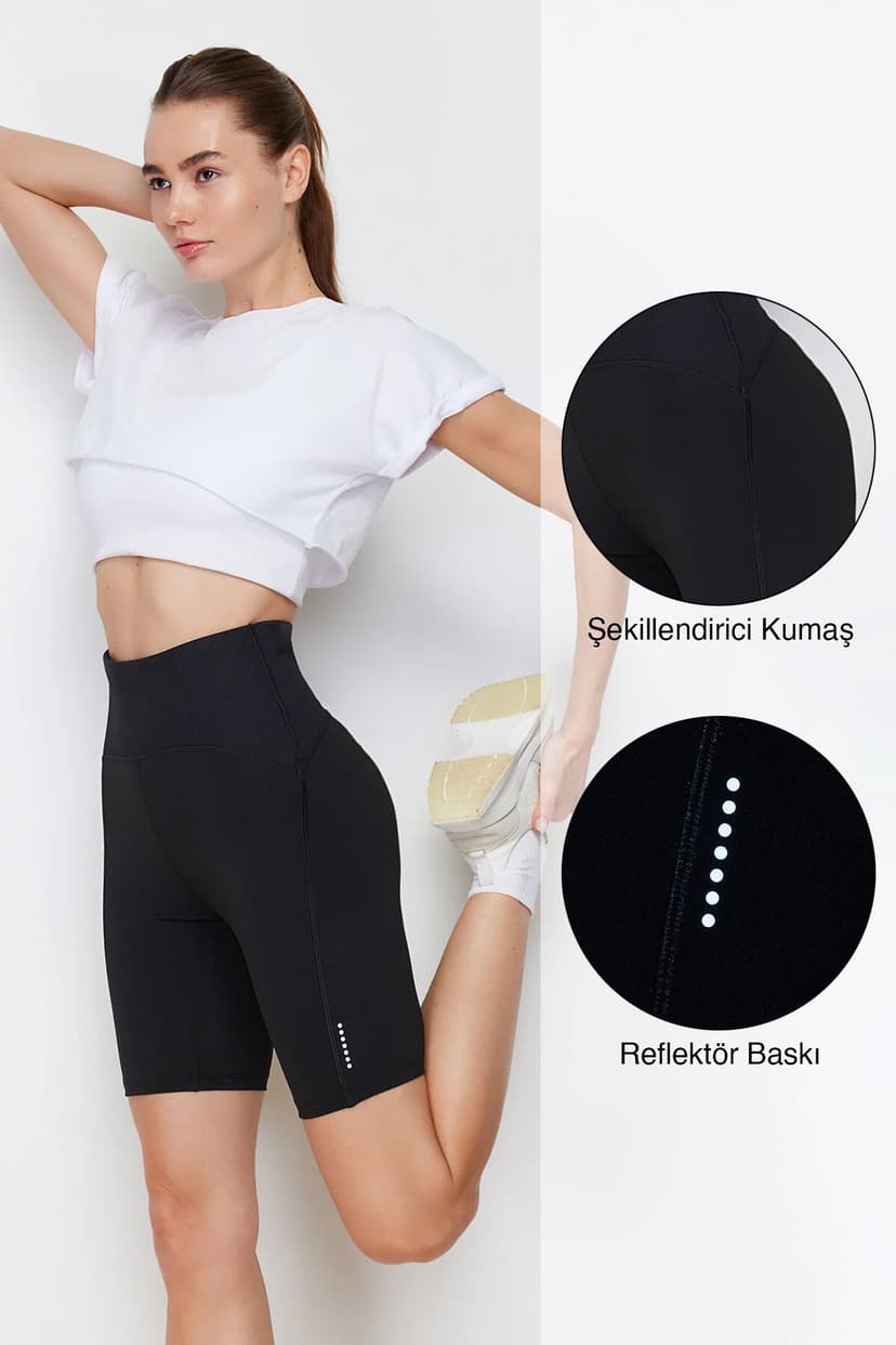 Siyah Mat Toparlayıcı Kumaş Reflektör Baskılı Örme Spor Biker/Bisikletçi/Kısa Tayt