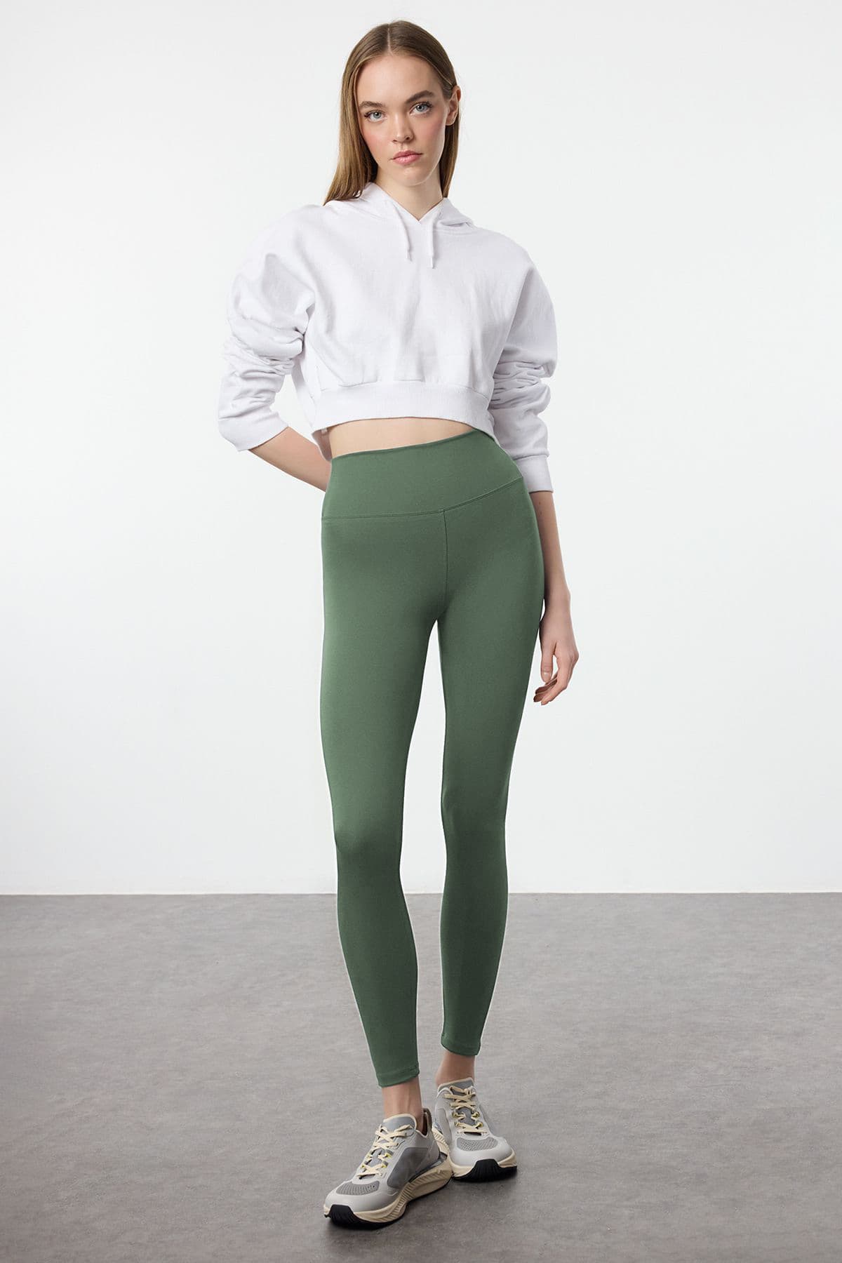 Haki Soft Fırçalı Kumaş Reflektör Baskı Detaylı Tam Boy Örme Spor Tayt