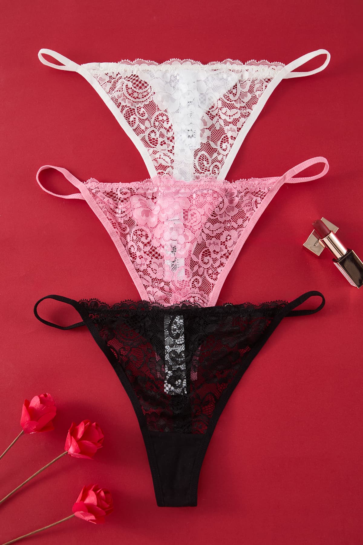 Siyah-Pembe-Beyaz 3'lü Paket Dantel Tanga Örme Külot