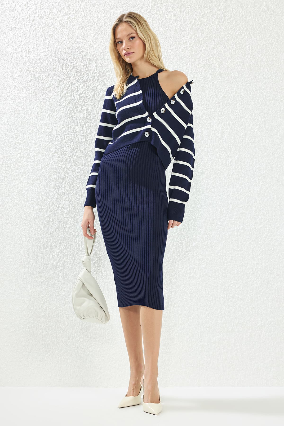 Lacivert*001 Midi Triko Basic Hırkalı Elbise