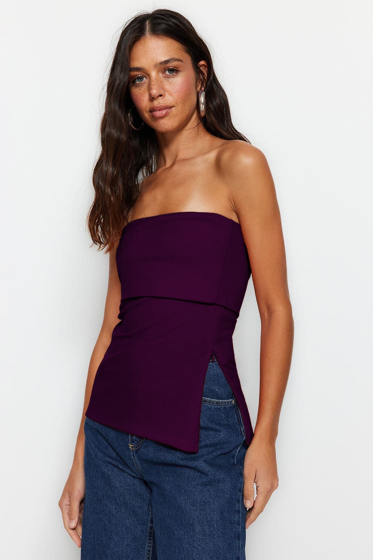 Mürdüm Straplez Yaka Yandan Fermuarlı Krep Örme Bluz