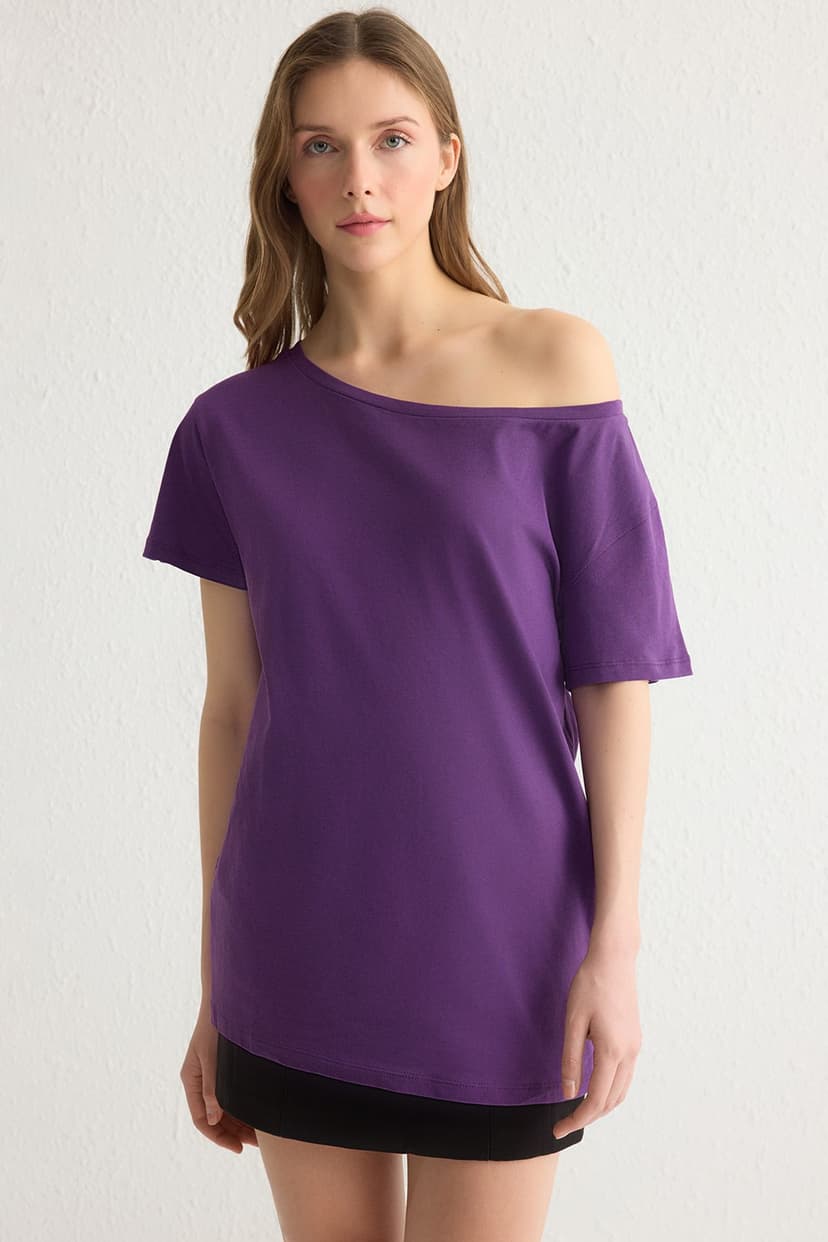 Mor %100 Pamuk Oversize/Geniş Kalıp Kayık Yaka Örme T-Shirt